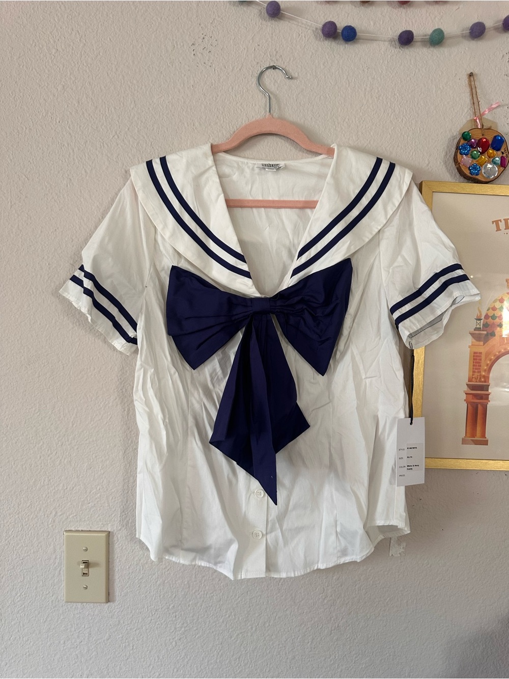 Unique Vintage XL White Sailor Top with Big Navy Bow - NWT